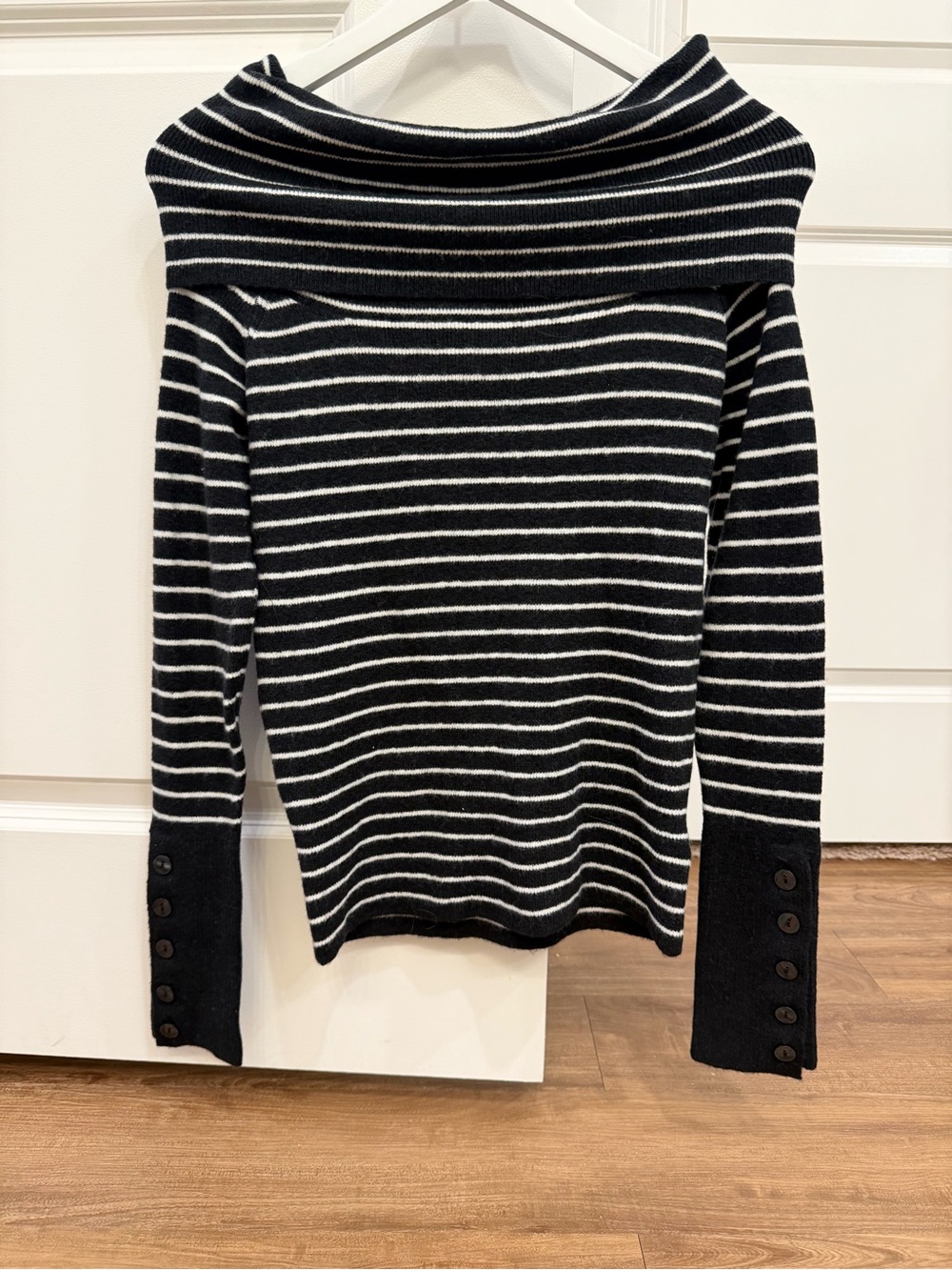 Free People Black and White Striped Off-Shoulder Sweater